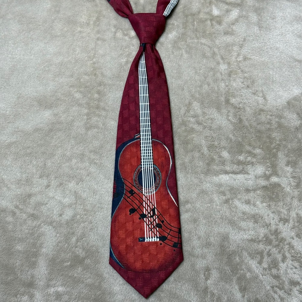 Renaissance Handmade Men Burgundy Red Acoustic Guitar Musical Note Necktie